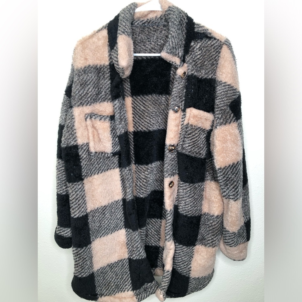 Shein Tan/Black Button Up—Medium